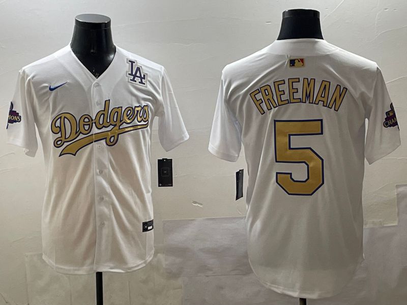 Men Los Angeles Dodgers 5 Freeman White Champion gold character 2025 Nike MLB Jersey style 3315